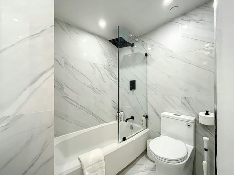 Your oasis of relaxation! Experience contemporary bathrooms with dimmer lights, double sink vanity, shower, & mirrored wall cabinets.
