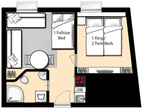 Explore the spacious floor plan of our unit, perfect for accommodating up to 3 people. Experience comfort, convenience, and a delightful stay with loved ones.
