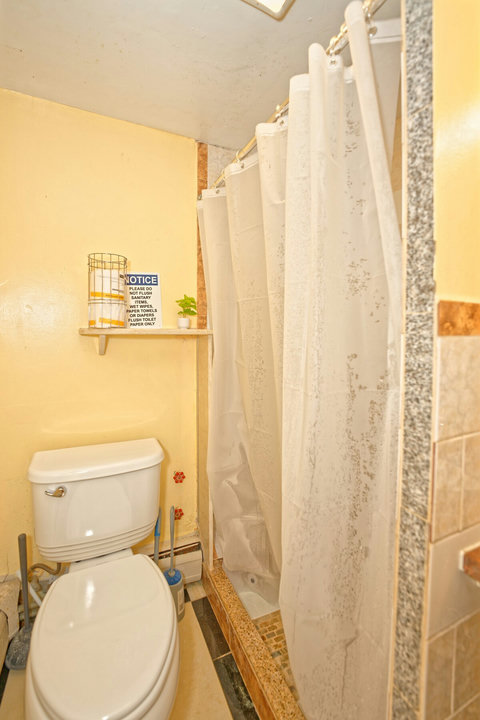 Full bathroom with vanity mirror, high-pressure shower stall, and toilet. Additional toiletries in the cabinet