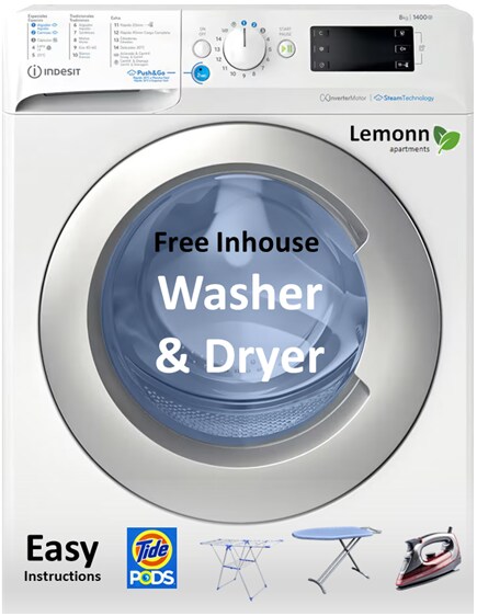 The apartment is equipped with a washing / drying machine. We provide easy instructions (https://go.lemonn.pt/Washing), detergent capsules, drying and heated racks, iron, and ironing board
