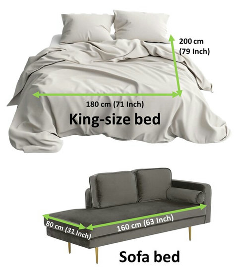 King size bed size (71x79 inch =180x200cm)  One bed can't be seperated into 2 single beds

Sofa bed size (63x31inch =160x80cm)  Suitable for a child only