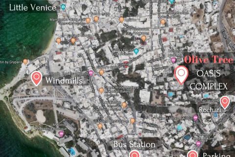 Distances from Olive Tree House: 
Parking "Anemos": 150m 
Bus Station & Taxi: 200m
Windmills & Little Venice: 450m