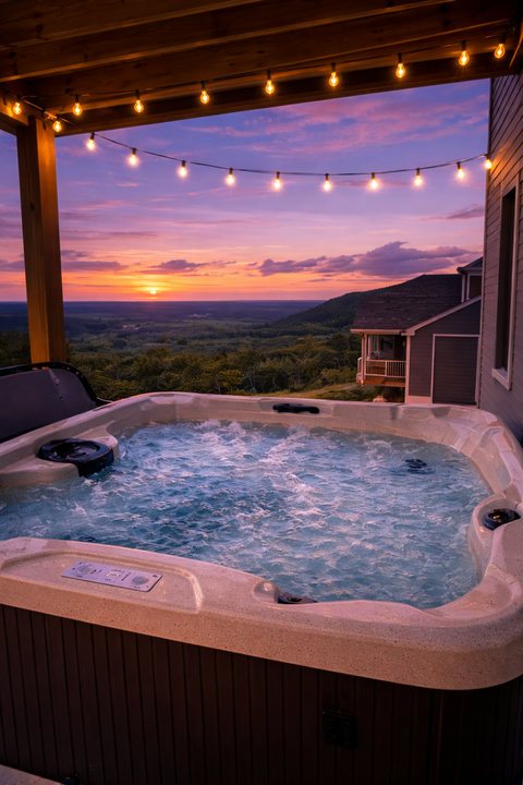 Sunset soak in a private hot tub with panoramic mountain and valley views