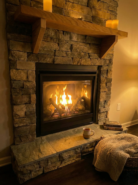 Cozy stone fireplace. Perfect for fireside reading and unwinding.
