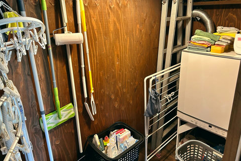 cleaning equipment, laundry rack and dryer for our guests to use