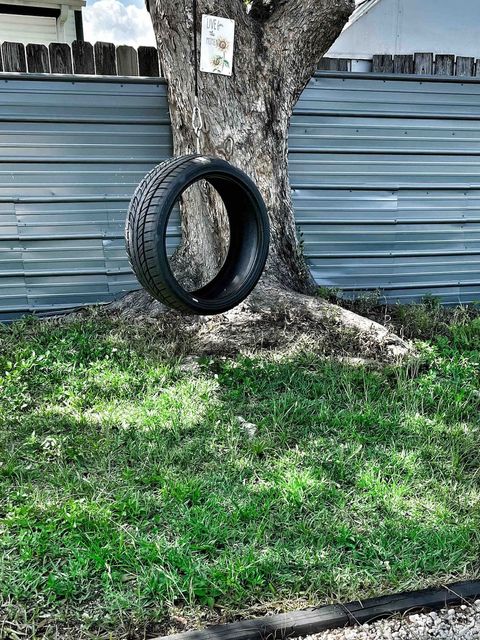 Tire Swing in privacy fenced Back Yard