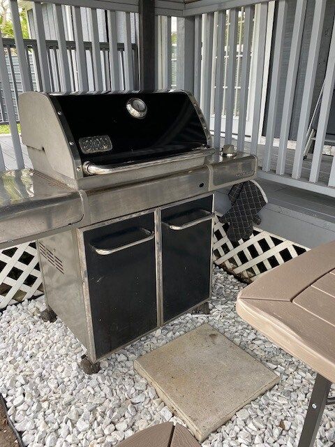 Weber Gas Grill, with mits and BBQ utensils