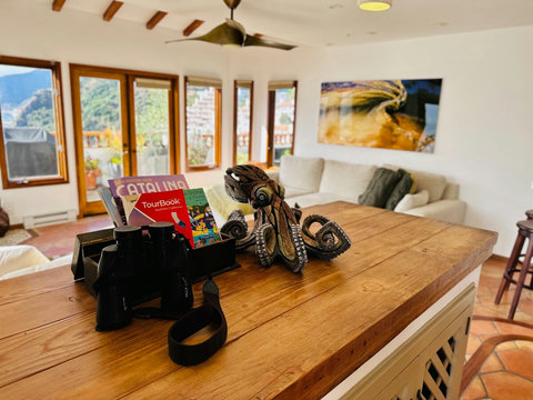 - Get inspired for adventure with Catalina Island guides, maps, & binoculars at your fingertips
- Octopus sculpture adds charm to the living room’s handcrafted wooden counter
- Thoughtfully curated touches welcome you into a space full of discovery