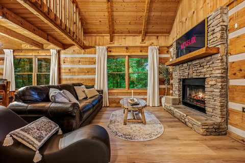 Living area with queen sofa sleeper and yoga chair. Electric fireplace. 
