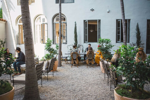 The Palm Garden, Villa Carlotta’s central courtyard, is replete with lush landscaping and fountain features for a tranquil urban refuge.