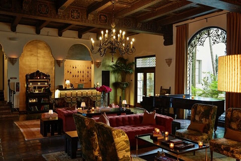 Teeming with rich details and soul, the Lobby at Villa Carlotta is a space to socialize with neighbors or unwind while fireside with a glass of wine in hand.