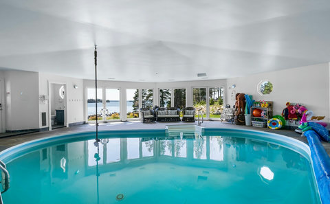 Saltwater pool heated to 32°C/90°F year-round. 
The perfect temperature to float away the day. 
Rope swing, pool toys, bluetooth speaker, galaxy projector and pfd's for new swimmers all await. 
2m/7' maximum depth. 