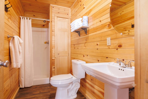 Rustic bathroom with wood-paneled walls, a walk-in shower, and fresh towels on a wall shelf.
