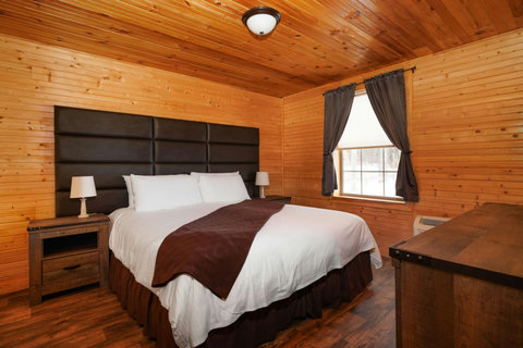 Cozy bedroom with wood-paneled walls and a large king bed.