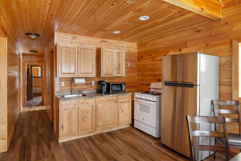 Cozy kitchen with wooden cabinetry, stainless steel refrigerator, and gas stove in a rustic cabin setting.