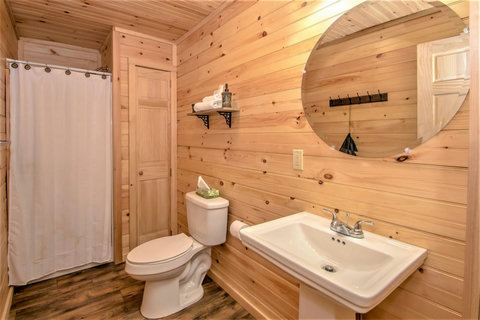Rustic bathroom featuring wood-paneled walls, a pedestal sink, and a shower with a curtain.