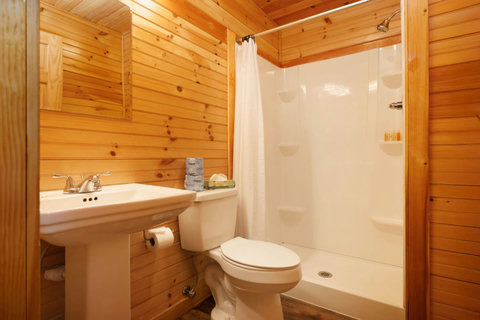 Rustic bathroom with wood-paneled walls and a walk-in shower.