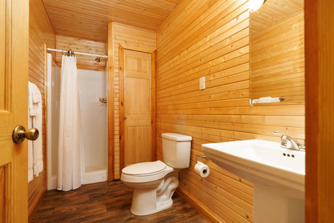 Cozy bathroom with wood-paneled walls and a walk-in shower.