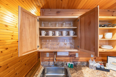 Open kitchen cabinet with glassware and mugs above a stainless steel sink in a rustic wood-paneled kitchen