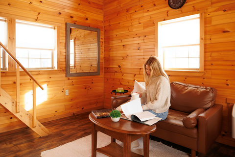 Cozy cabin living room with natural wood walls and a leather sofa for relaxing moments.