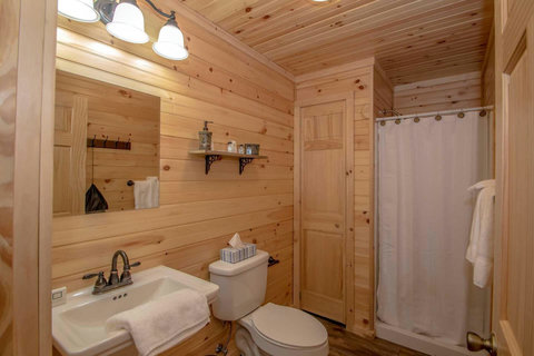 Rustic bathroom with wood-paneled walls and a walk-in shower.