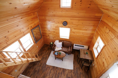 Cozy cabin living area with wood-paneled walls and natural light.