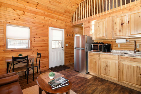 Cozy cabin kitchen with natural wood finishes and modern appliances.