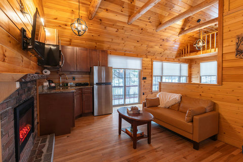 Cozy rustic living area with a fireplace and natural wood finishes.