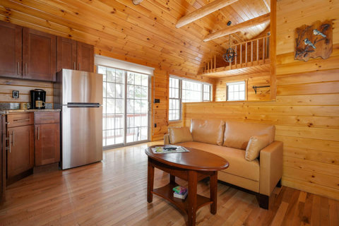 Cozy cabin living area with leather sofa and natural wood finishes.