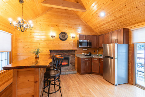 Cozy kitchen with wood-paneled walls, granite countertops, and a fireplace for a warm atmosphere.