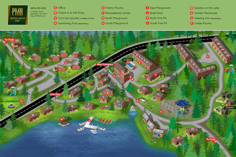 Map of presidential mountain resort highlighting cabins, playgrounds, and lakefront amenities.
