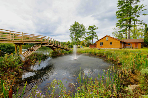 Rustic cabin with a wooden bridge over a pond featuring a central fountain.