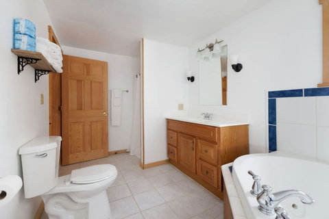 Spacious bathroom with a wooden vanity and a soaking tub framed by blue tiles.