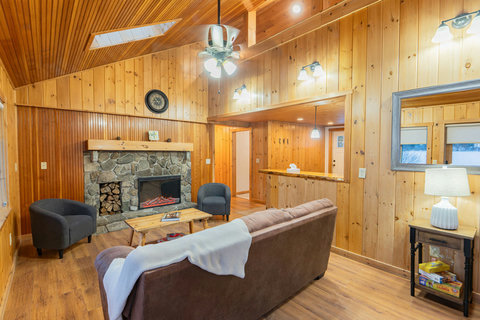 Cozy living room with a stone fireplace and wood-paneled walls.