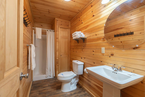 Rustic bathroom with wood-paneled walls, a walk-in shower, and a pedestal sink.