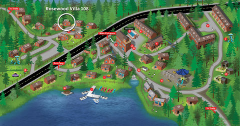 Rosewood villa 108 is a cozy cabin nestled among trees near the lake and trails.