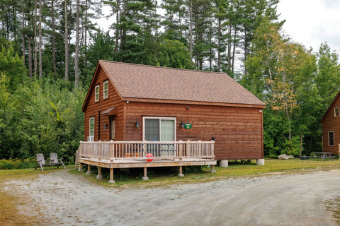 Rustic cabin with a spacious wooden deck surrounded by forest trees.