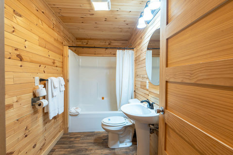 Rustic bathroom with wood-paneled walls and a bathtub with shower curtain.