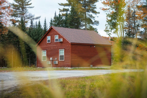 Rustic cabin surrounded by autumn trees in a peaceful forest setting