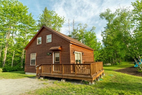 Cozy wooden cabin with a spacious deck surrounded by lush greenery.