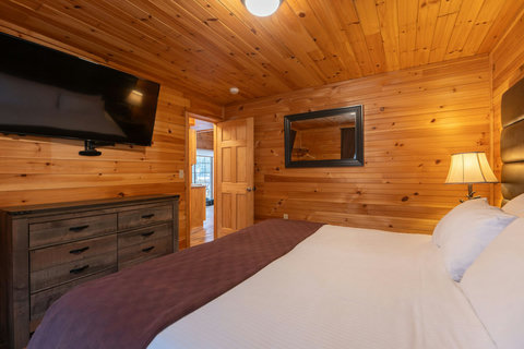 Cozy bedroom with wood-paneled walls and a large flat-screen television.
