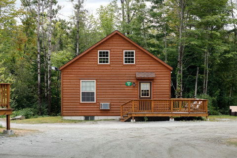 Rustic cabin with a wooden deck surrounded by trees for a peaceful retreat