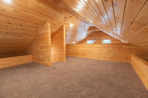 spacious loft area with wood paneling and carpeted floor