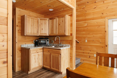 Cozy kitchen area with wooden cabinetry and granite countertops in a rustic cabin setting.