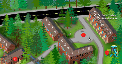 Map highlighting cedar select townhome 16 in a wooded community with nearby parking and playground.
