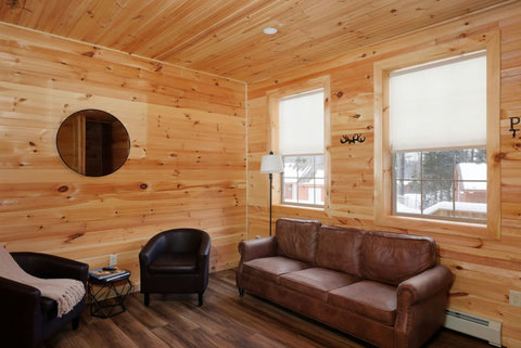 Cozy living area with leather seating and natural wood walls offering a warm cabin atmosphere.