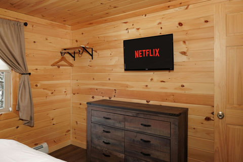 Cozy wood-paneled room with a mounted flat-screen tv and rustic dresser