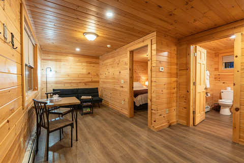 Cozy cabin interior featuring wood-paneled walls and a compact dining area.