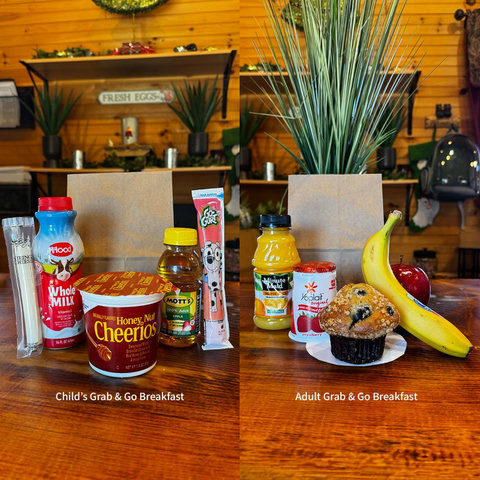 grab and go breakfast options for children and adults displayed on a wooden table
