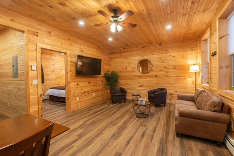 Cozy living room with wood-paneled walls, leather seating, and a wall-mounted television.